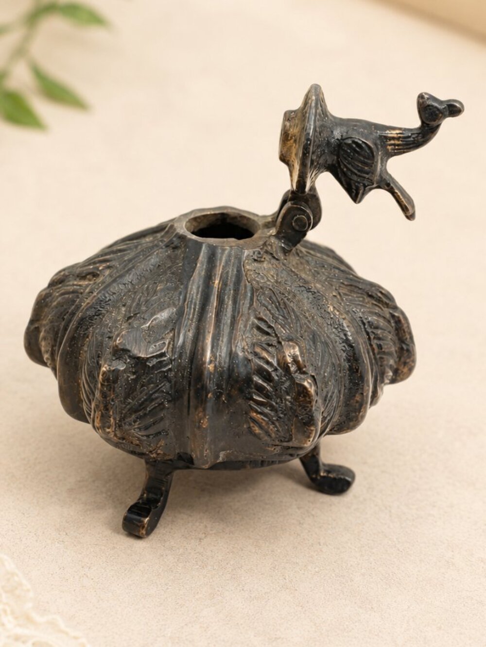 Vintage Footed Brass Kum Kum Tika Box Inkwell Rooster Hinged Lid Indian Decor